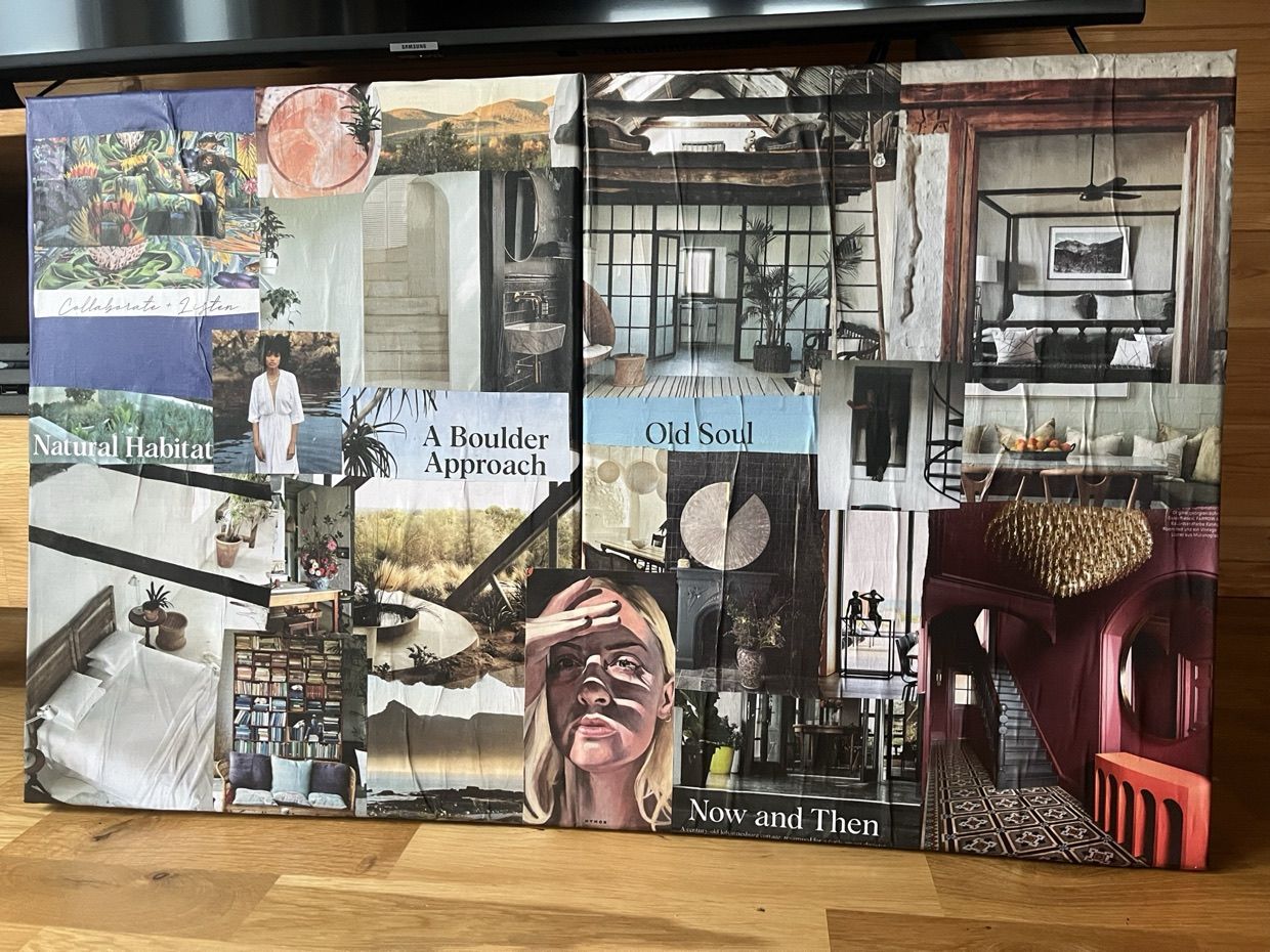 Ein fertiges VibeBoard: eine große Collage aus Fotos, Materialien und Schriftzügen wie „Natural Habitat“, „A Boulder Approach“ und „Old Soul“