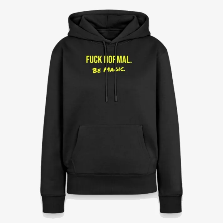 Schwarzer Hoodie, auf der Brust in Gelb: FUCK NORMAL. Darunter in Pinselschrift: Be Magic.