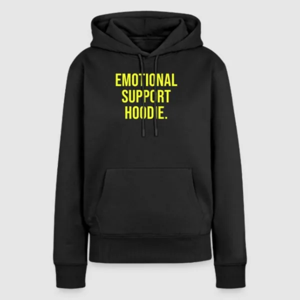 Schwarzer Hoodie, auf der Brust in Gelb: EMOTIONAL SUPPORT HOODIE.
