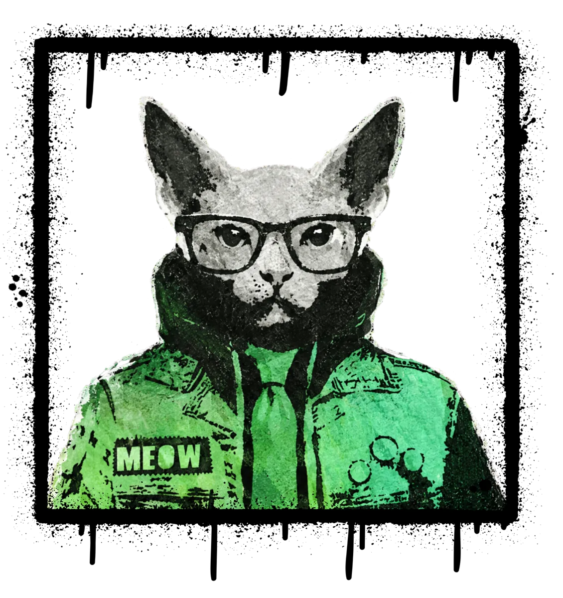 Dienstfoto von R&uuml;diger: Katze mit Brille, gr&uuml;ner Jacke und Krawatte, in einem gespr&uuml;hten Rahmen.