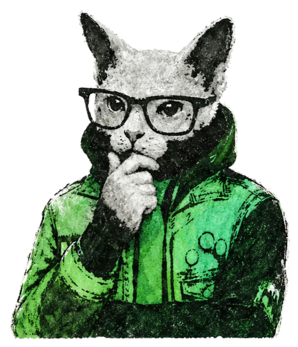 R&uuml;diger, die Katze mit Brille und gr&uuml;ner Jacke, ohne Megafon, die Pfote nachdenklich am Kinn.