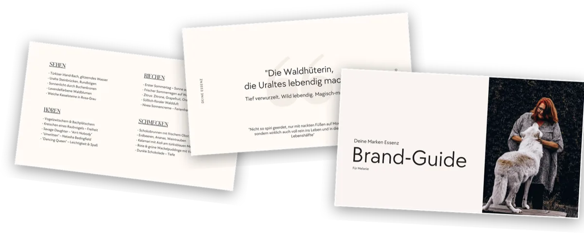 Aufgefächerte Seiten eines Brand Guides: Cover, Marken-Essenz und die Fünf-Sinne-Seite