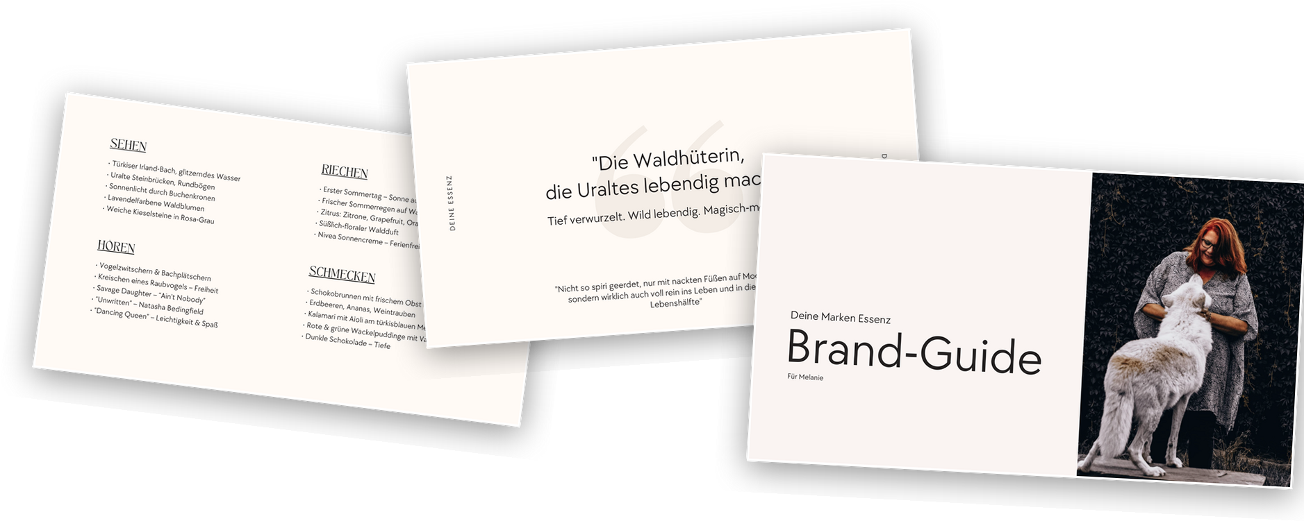 Aufgefächerte Seiten eines Brand Guides: Cover, Marken-Essenz und die Fünf-Sinne-Seite