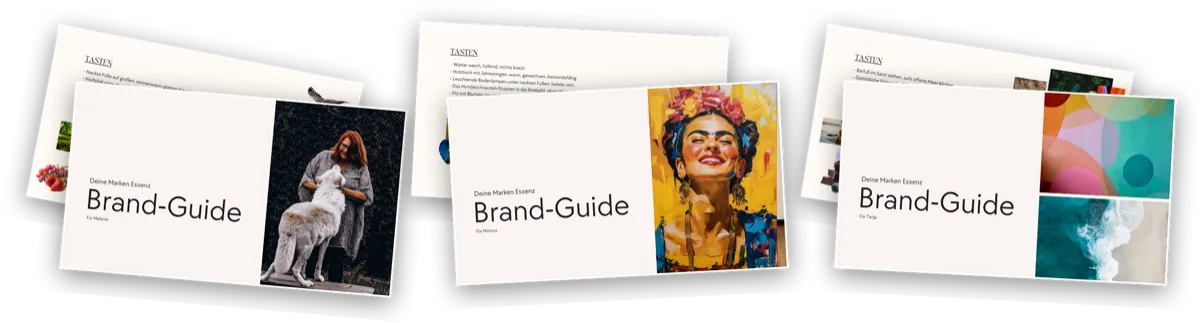 Drei fertige Brand Guides von drei Teilnehmerinnen, jeder in einer völlig eigenen Bildwelt