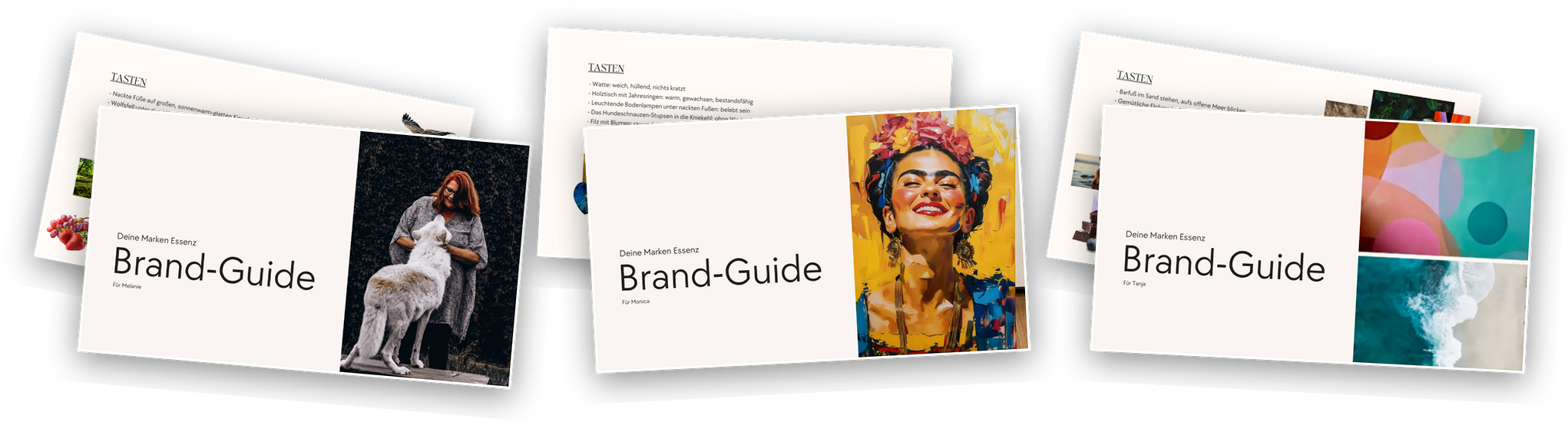 Drei fertige Brand Guides von drei Teilnehmerinnen, jeder in einer völlig eigenen Bildwelt